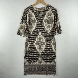 TALBOTS Brown Tan Pattern Stretch 1/2 Sleeve Sheath Dress Womens Sz 2 Petite
